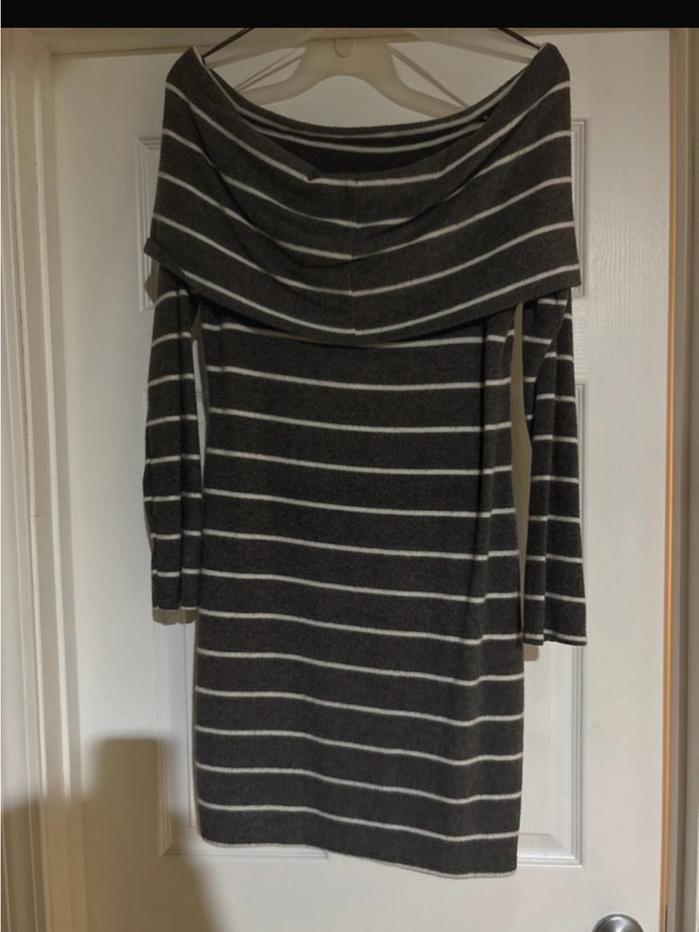 nine britton Gray and White Striped Off-Shoulder Sweater Dress